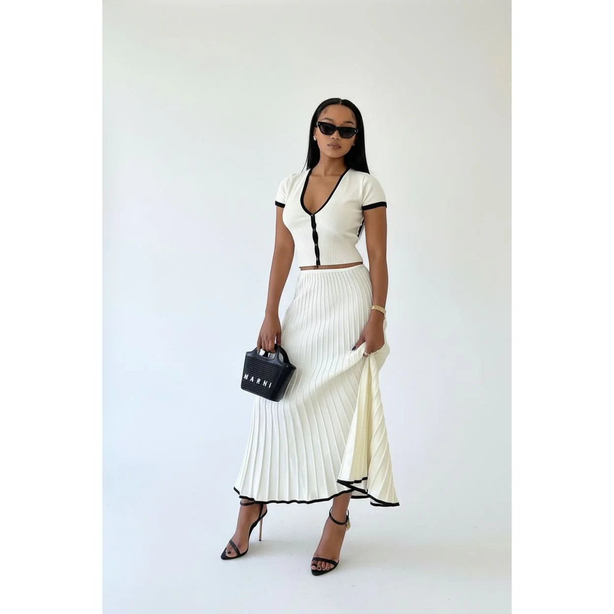 Short Sleeve V Neck Cropped Tops Midi Skirt Knitted Two Piece Set - Image 5
