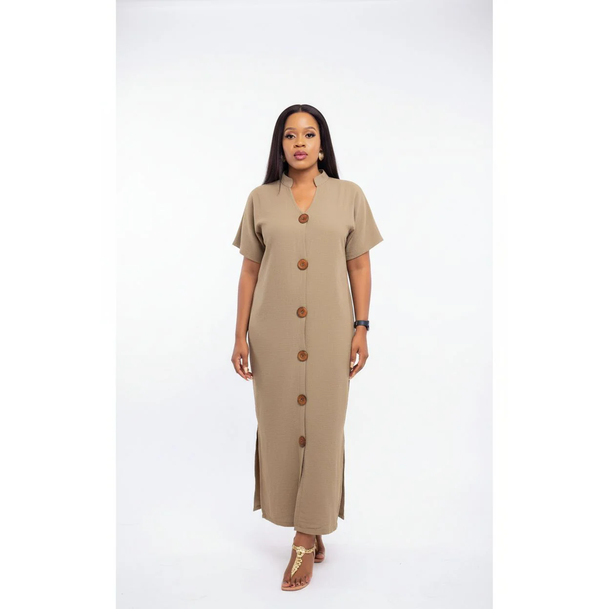 Short Sleeve V-neck Side Slit Maxi Shirt Dress - Image 2
