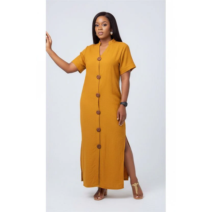 Short Sleeve V-neck Side Slit Maxi Shirt Dress - Image 3