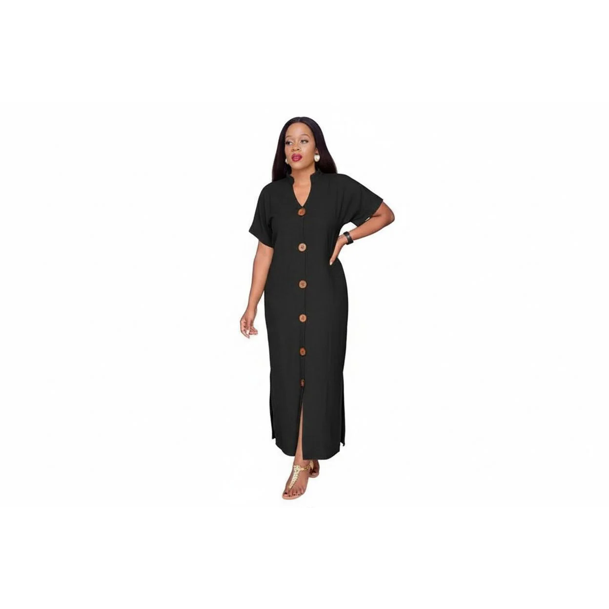 Short Sleeve V-neck Side Slit Maxi Shirt Dress - Image 4