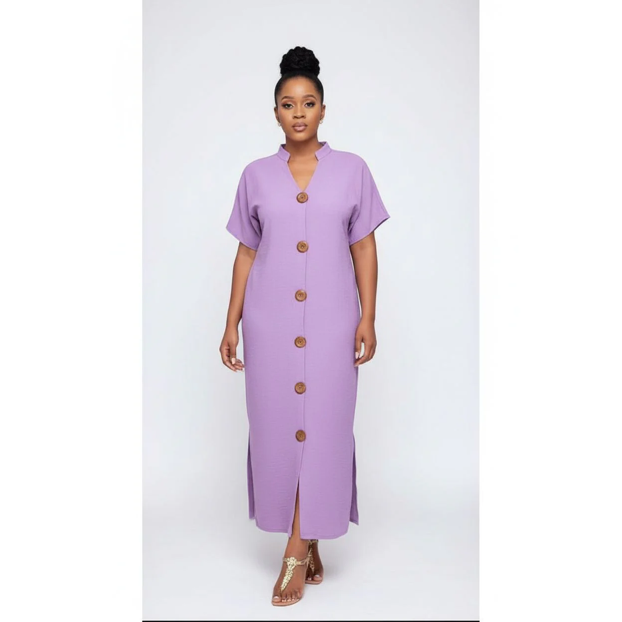 Short Sleeve V-neck Side Slit Maxi Shirt Dress - Image 5