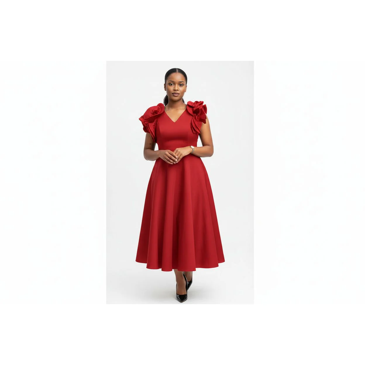 Short Sleeves Vintage V-Neck Swing Dress - Image 2