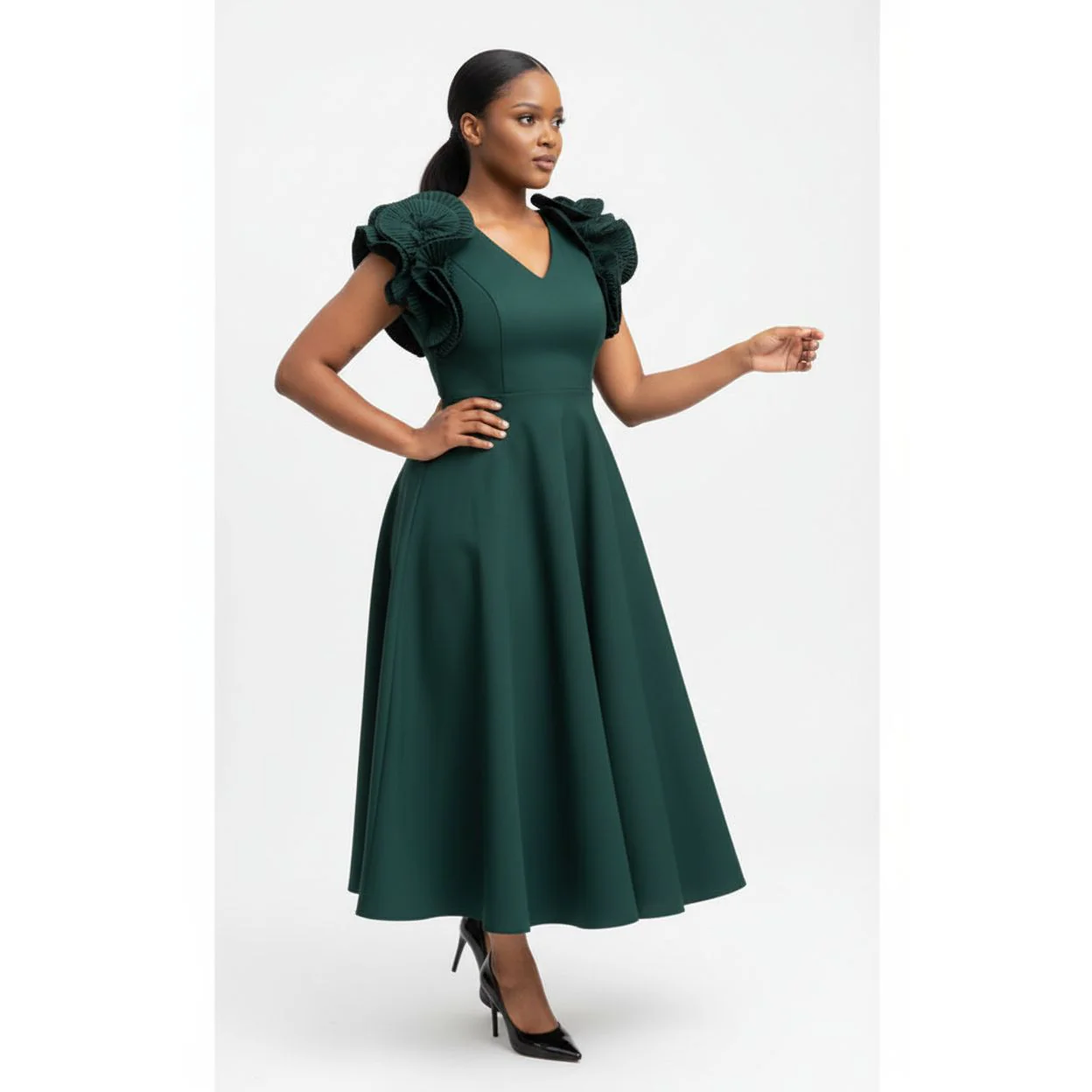 Short Sleeves Vintage V-Neck Swing Dress - Image 3