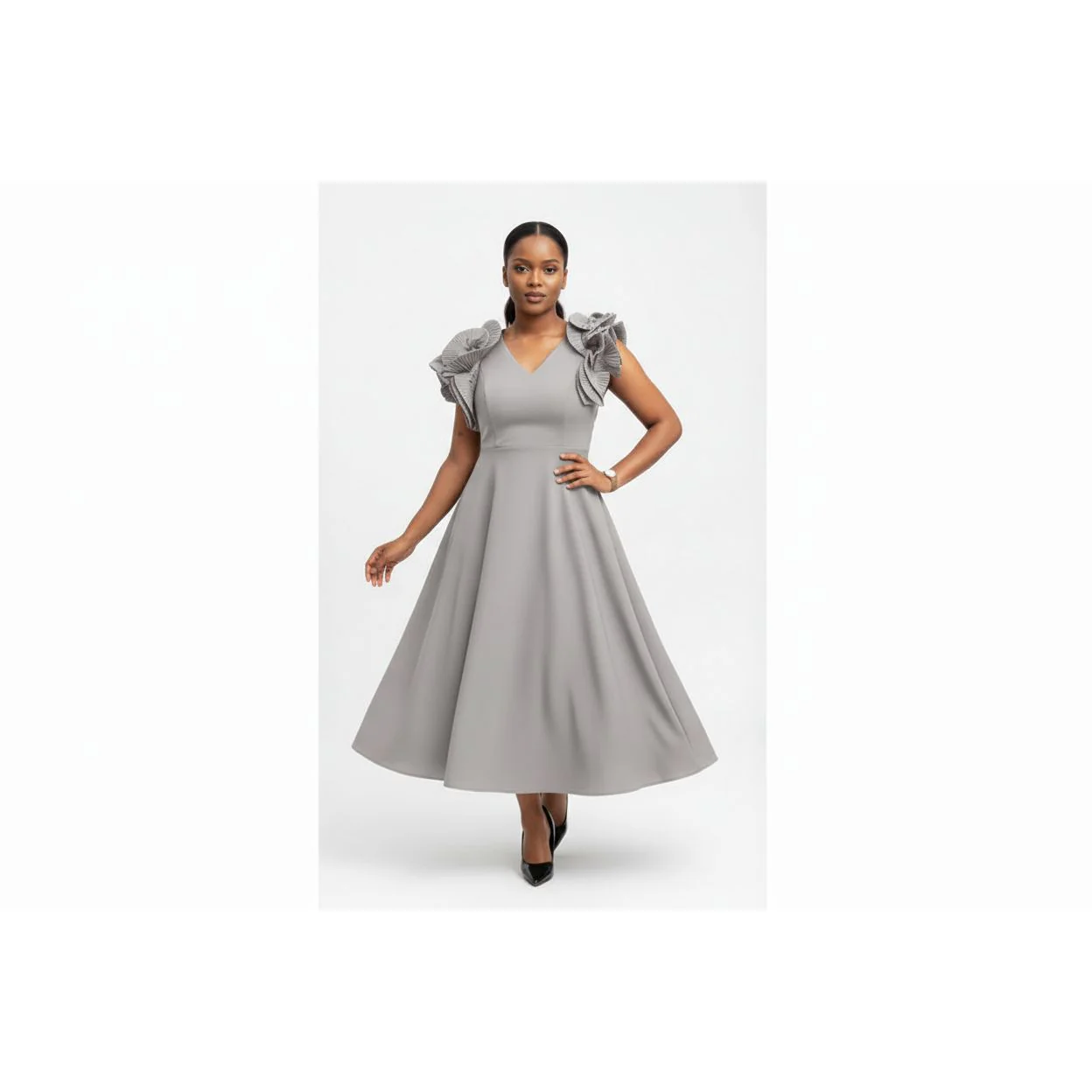 Short Sleeves Vintage V-Neck Swing Dress - Image 4