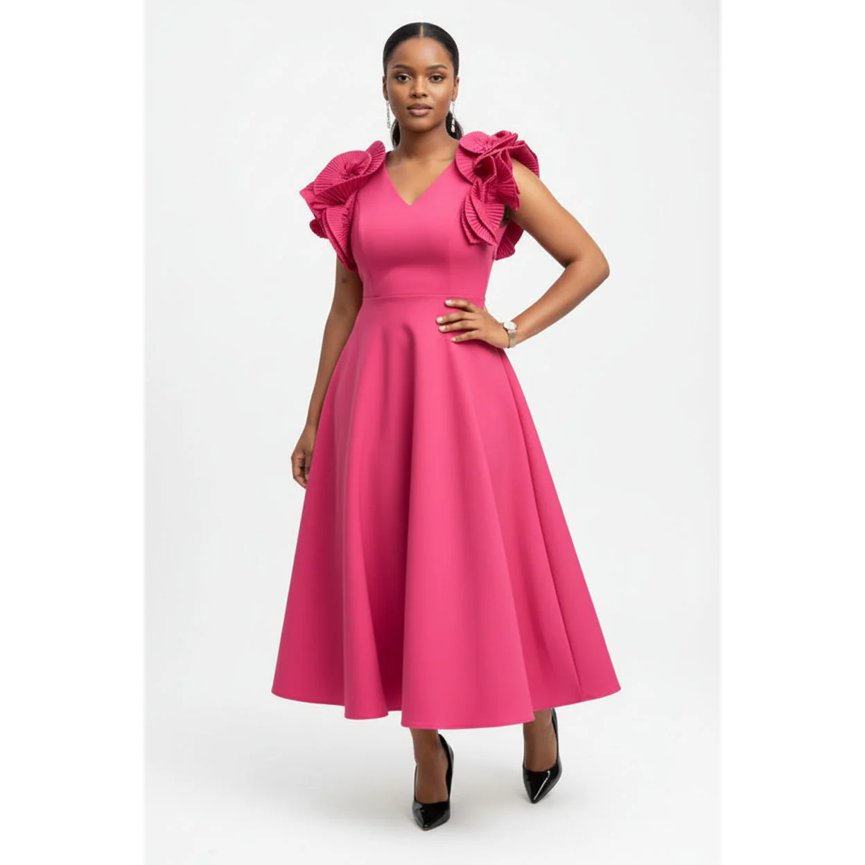 Short Sleeves Vintage V-Neck Swing Dress - Image 5