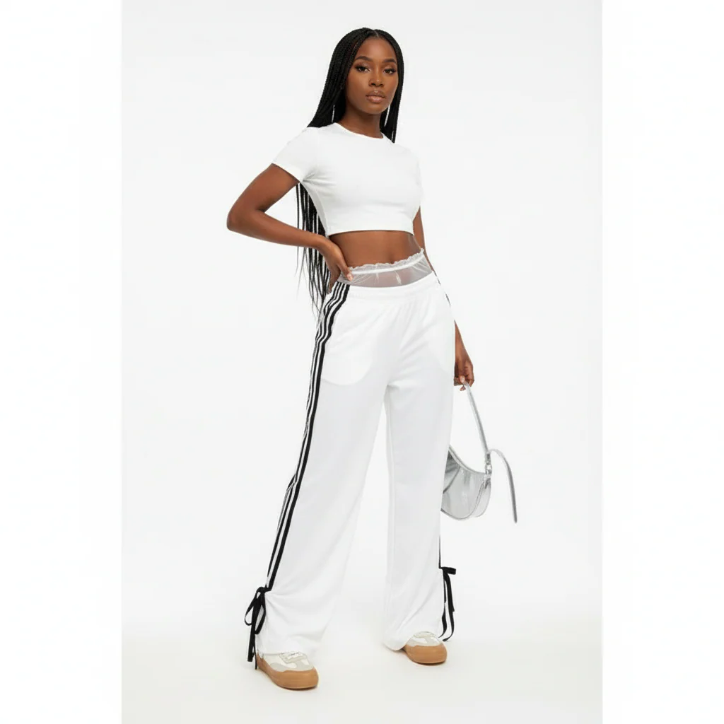 Side Contrast White Tape Elastic Waist Pants - Image 3