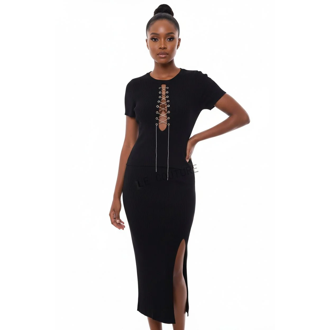 Side Slit Skirt and Round neck Top Set - Image 2