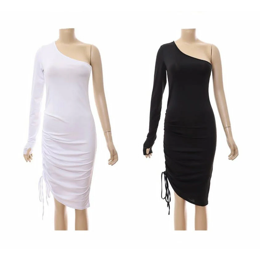 Single Shoulder Long Sleeve Drawstring Dress - Image 6