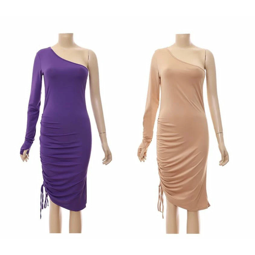 Single Shoulder Long Sleeve Drawstring Dress - Image 7