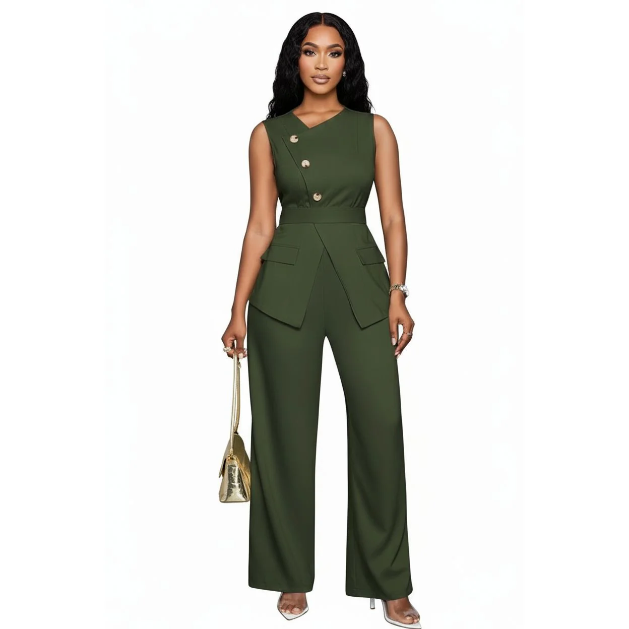 Sleeveless Button Front Vest Blazer & Wide Leg Pants