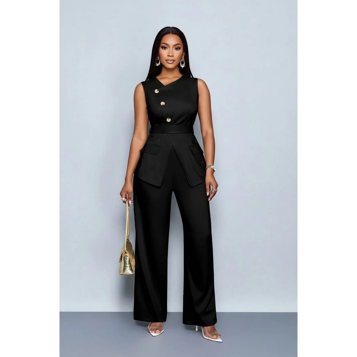 Sleeveless Button Front Vest Blazer & Wide Leg Pants - Image 2