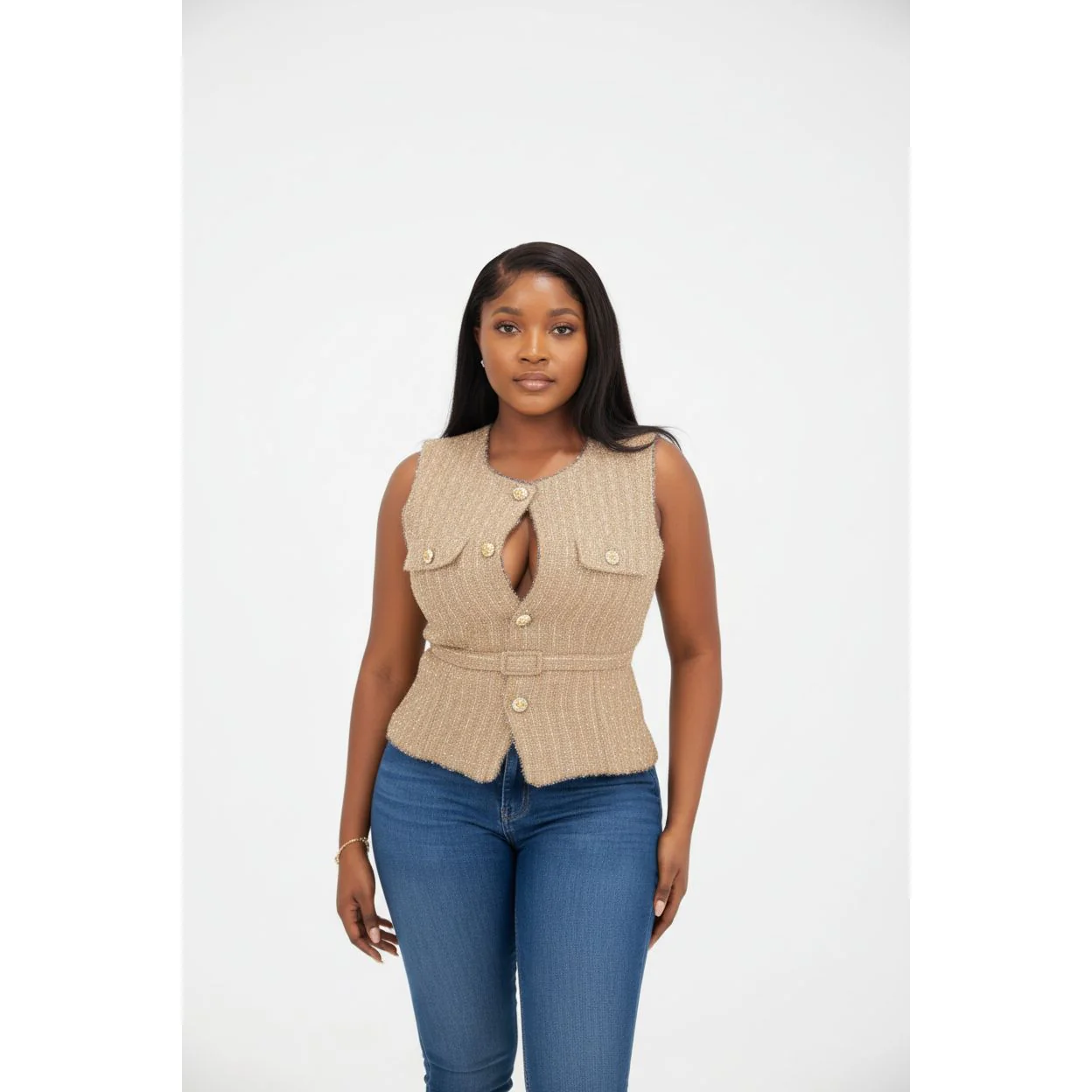 Sleeveless Button-Up Tweed Vest - Image 3