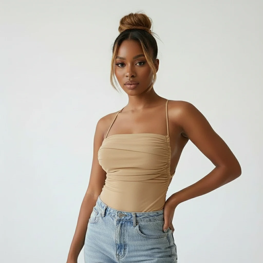 Sleeveless Chic Mesh Ruched Halter Bodysuit - Image 2