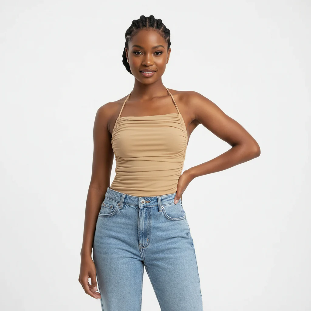 Sleeveless Chic Mesh Ruched Halter Bodysuit - Image 3