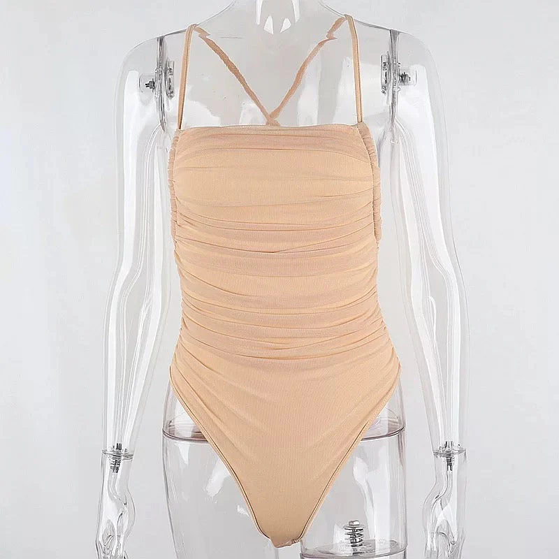 Sleeveless Chic Mesh Ruched Halter Bodysuit - Image 4