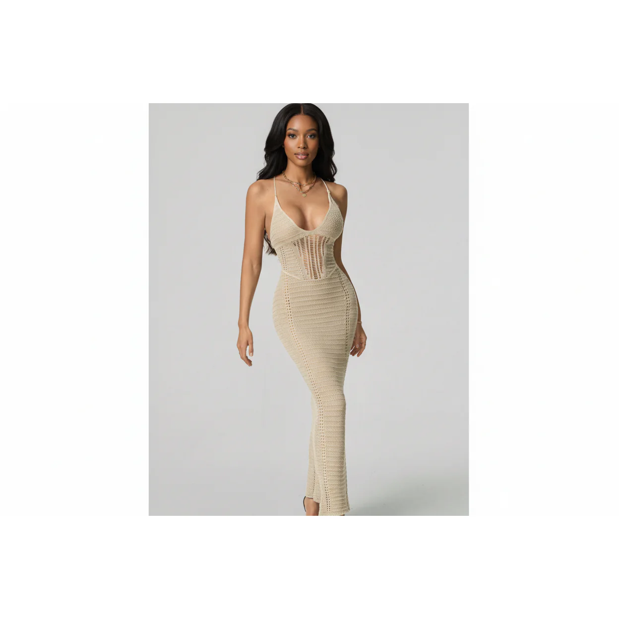 Sleeveless Crochet Halter-Neckline Beach Dress
