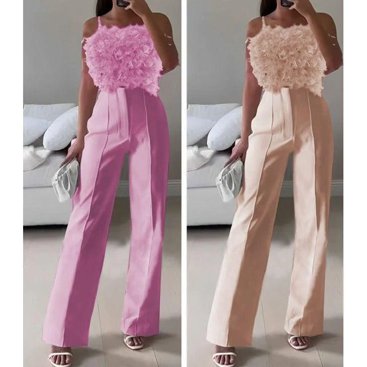 Sleeveless Feather Top and High Waisted Pant Set - Image 2