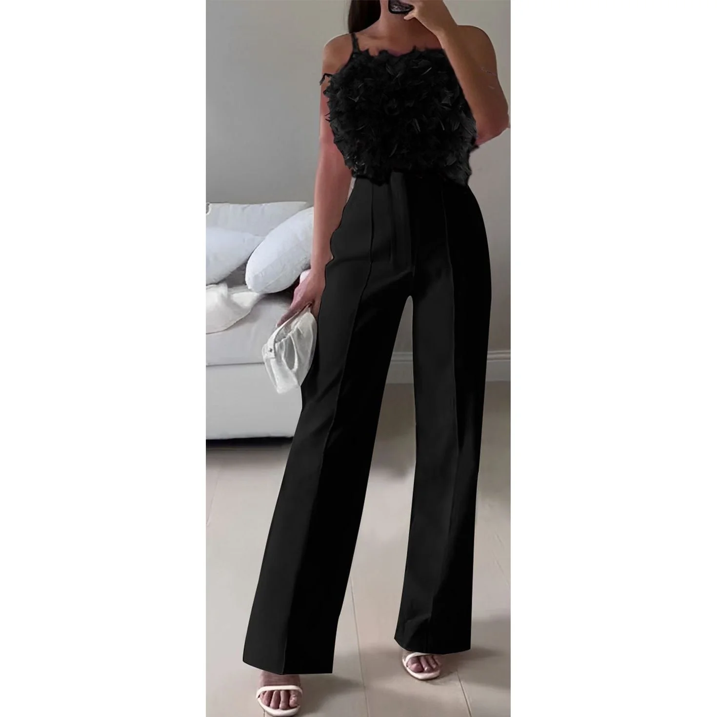 Sleeveless Feather Top and High Waisted Pant Set - Image 3