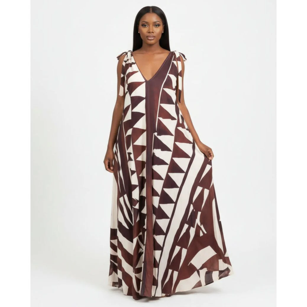 Sleeveless Geometric Pattern V-Neck Maxi Dress - Image 2
