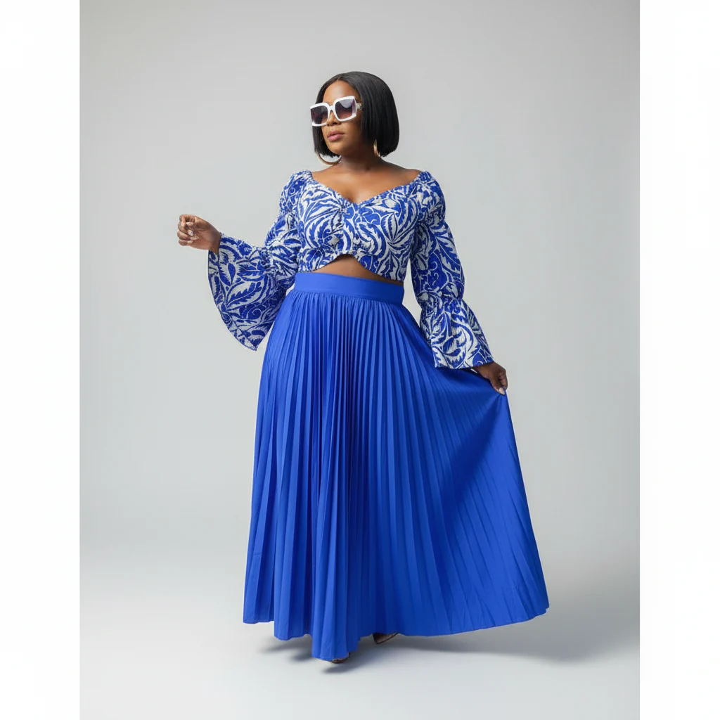 High Waisted Pleated Skirt & Long Sleeve Top Set