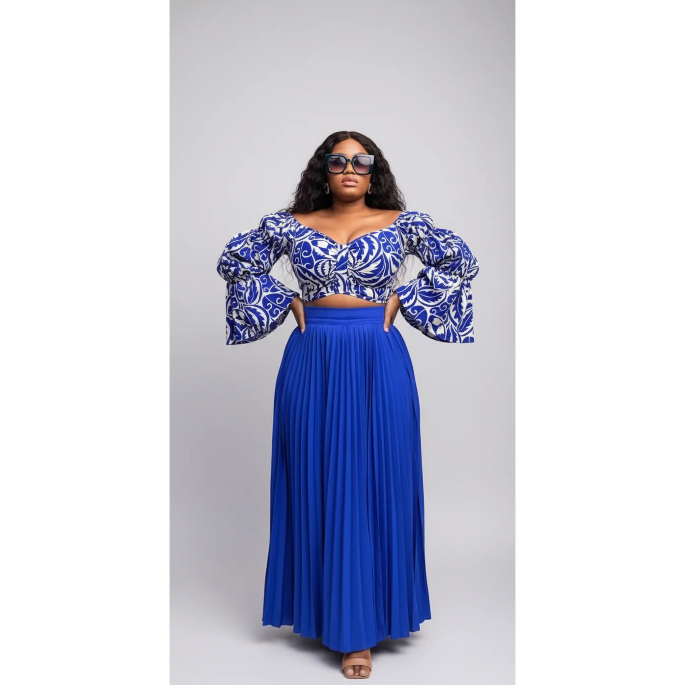 High Waisted Pleated Skirt & Long Sleeve Top Set - Image 3