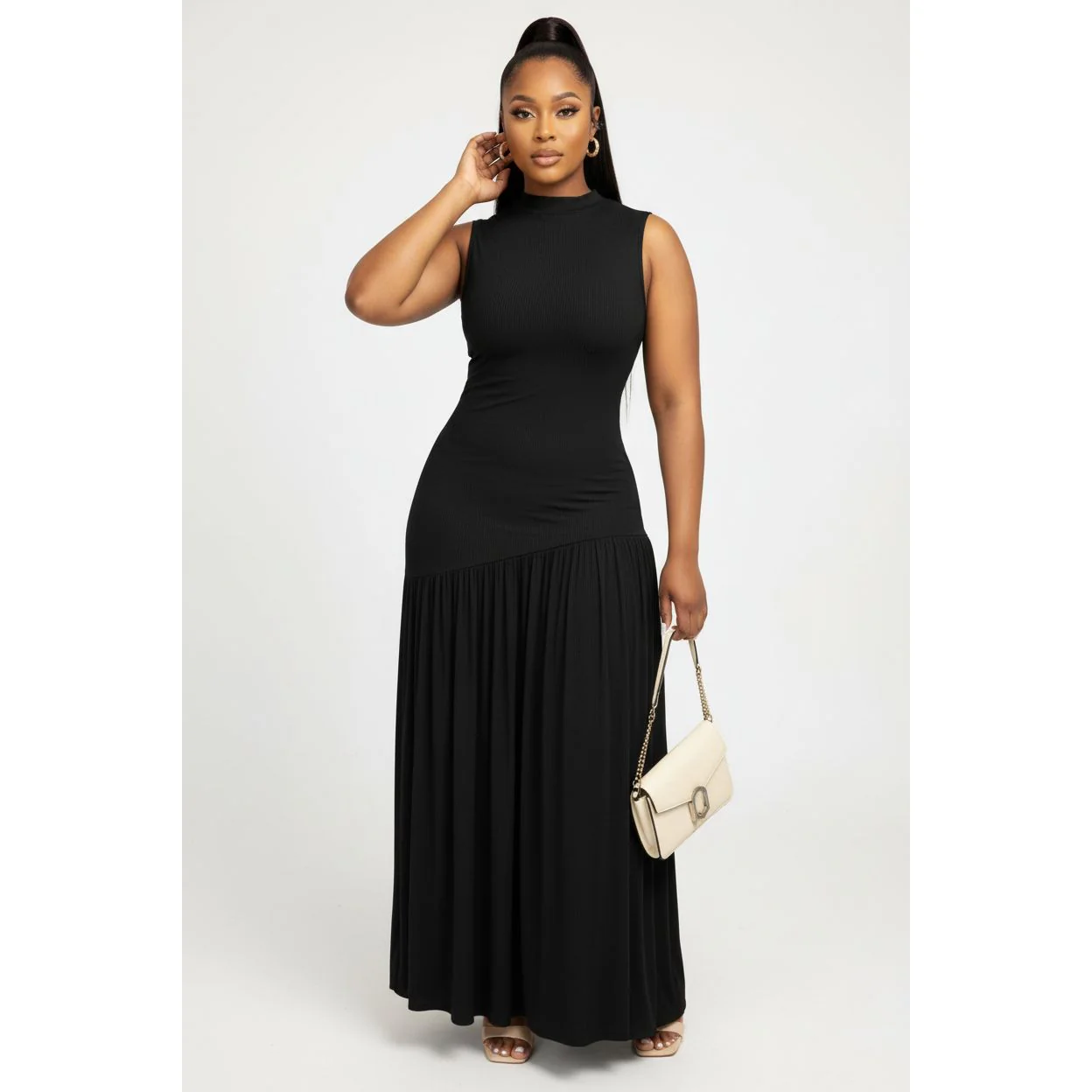 Sleeveless Mock-Neck Ruched Maxi Dress