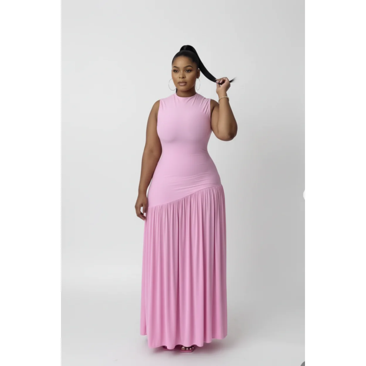 Sleeveless Mock-Neck Ruched Maxi Dress - Image 2