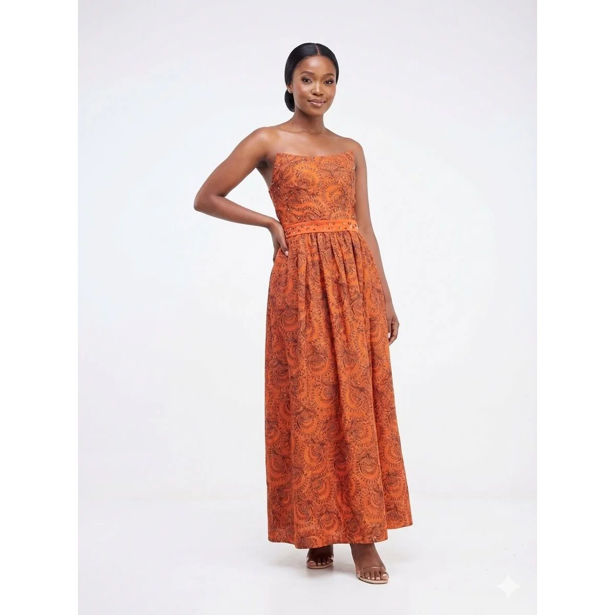 Sleeveless Pearl Decor Printed Maxi Dress - Image 2