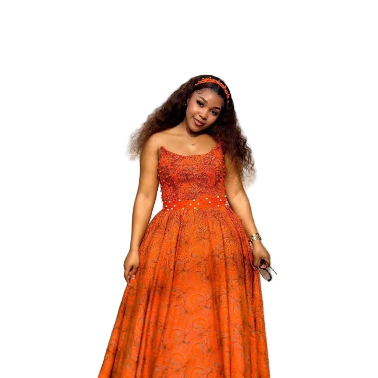Sleeveless Pearl Decor Printed Maxi Dress - Image 3