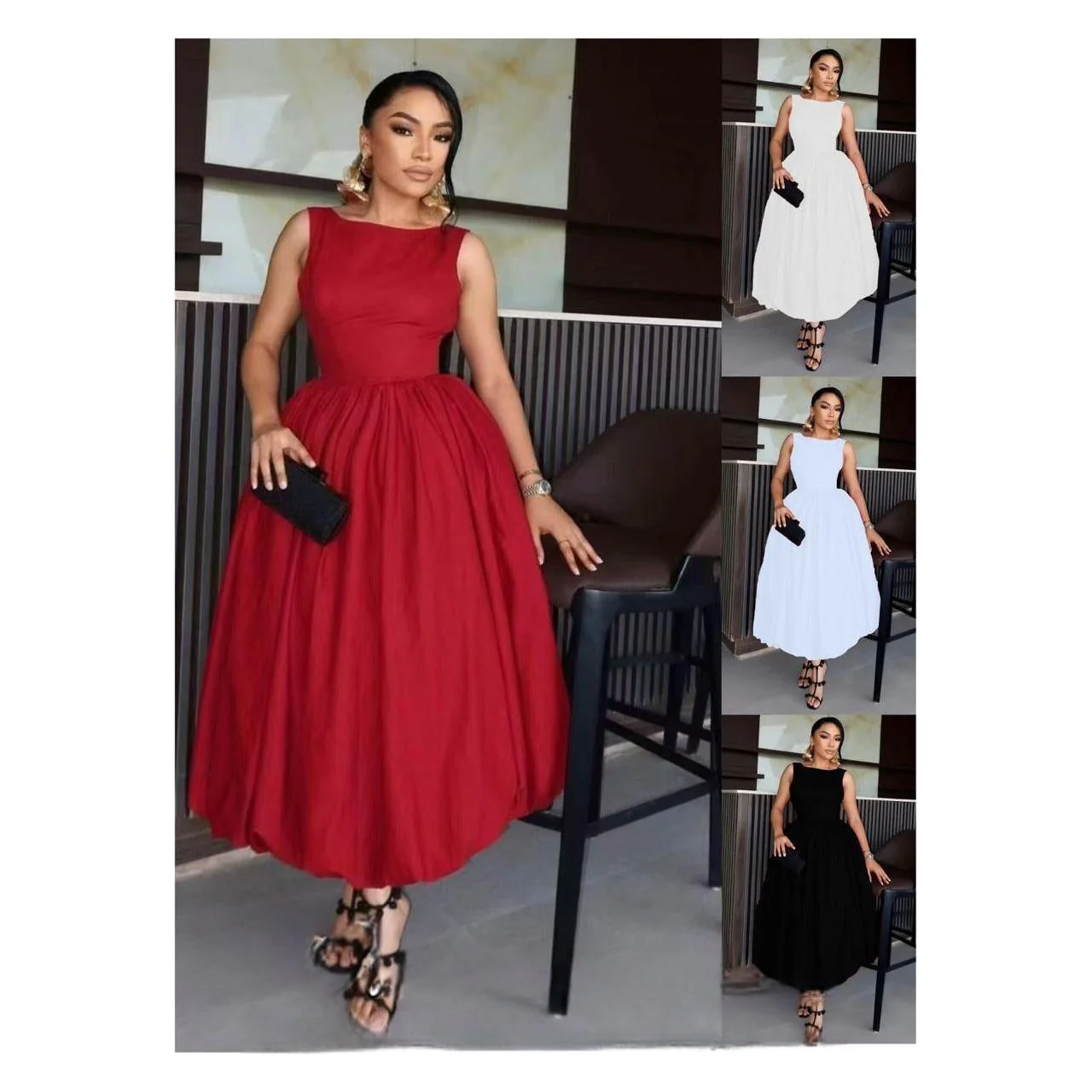 Sleeveless Plain Ruched Swing Maxi Dress - Image 3