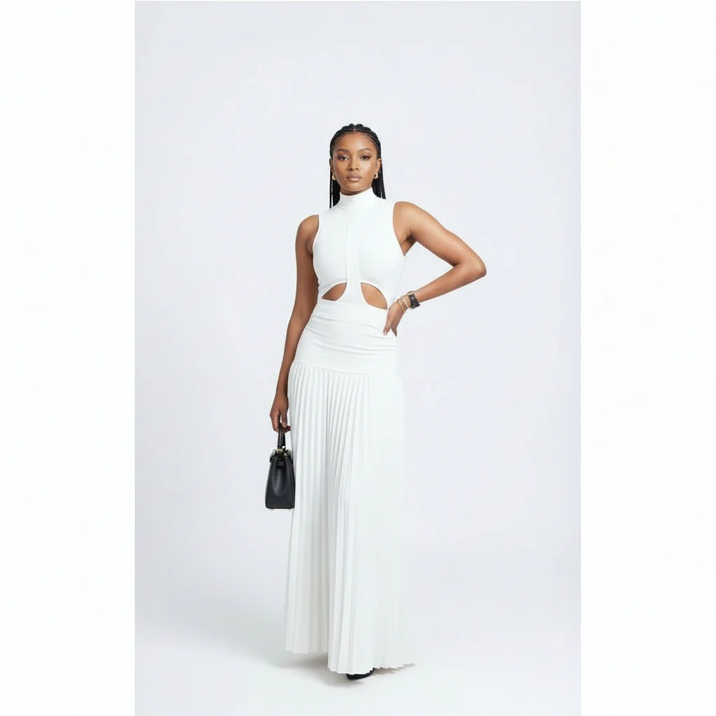Sleeveless Pleated Flowy Maxi Elegant Cocktail Party Dress. - Image 3