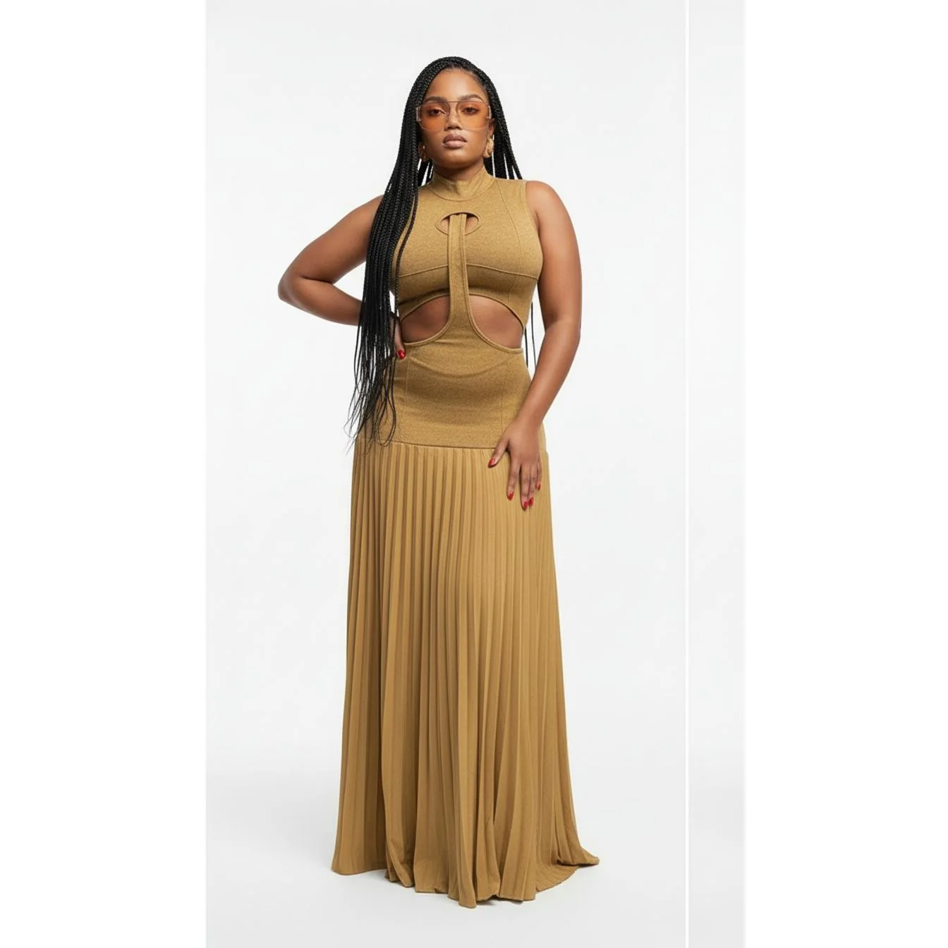 Sleeveless Pleated Flowy Maxi Elegant Cocktail Party Dress.