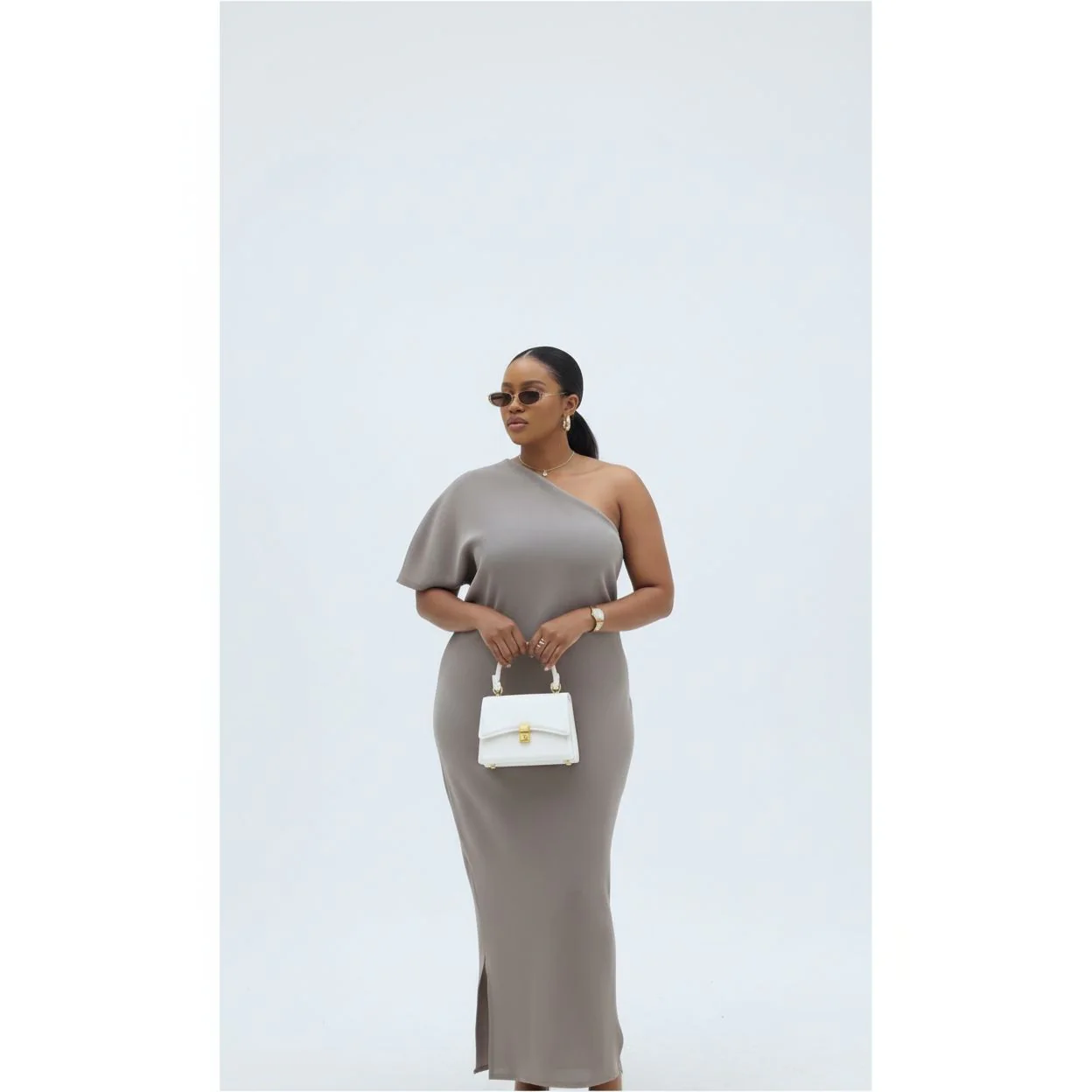 One Shoulder Split Solid Color Bodycon Maxi Dress