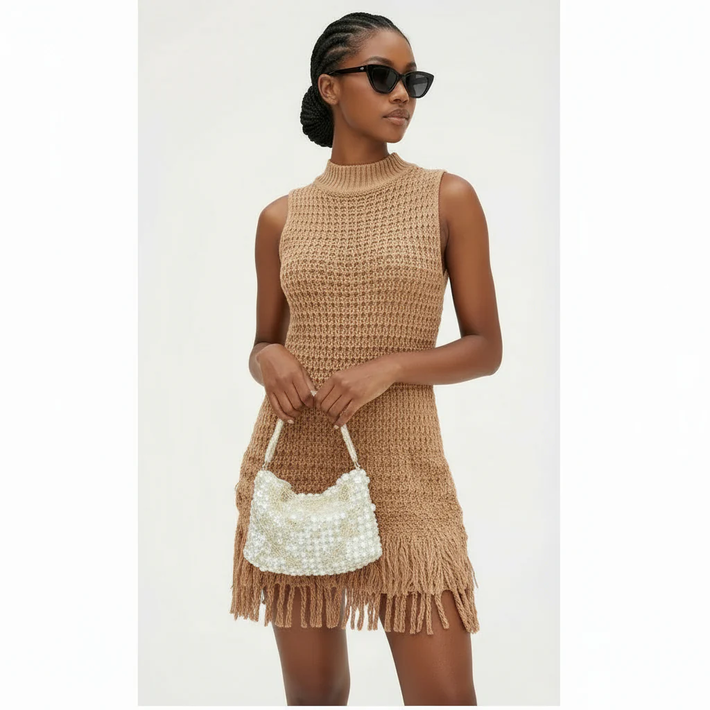 Sleeveless Strings Knitted Solid Color Short Dress. - Image 2