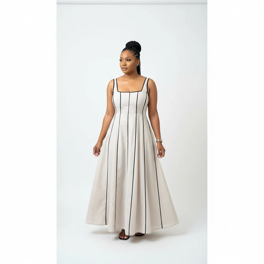 Sleeveless Striped Contrast Binding Midi Dress