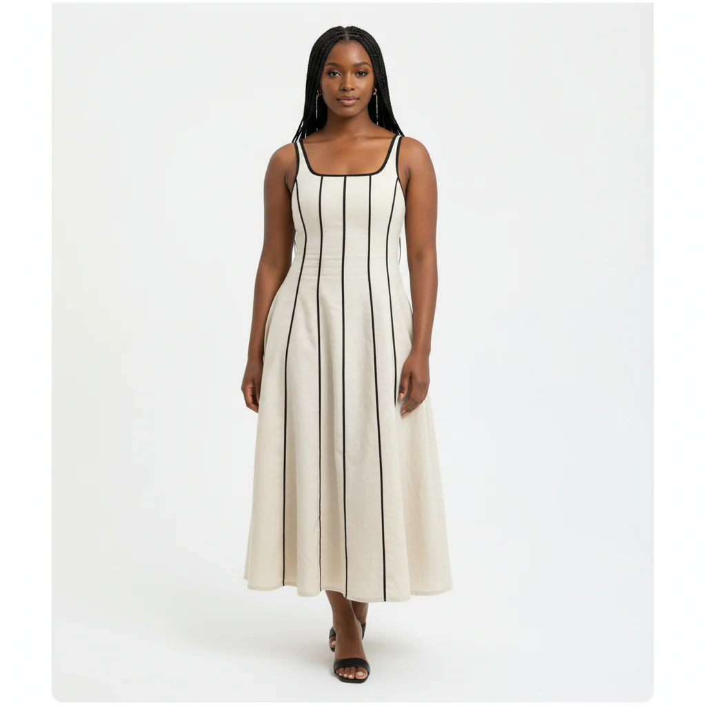 Sleeveless Striped Contrast Binding Midi Dress - Image 3