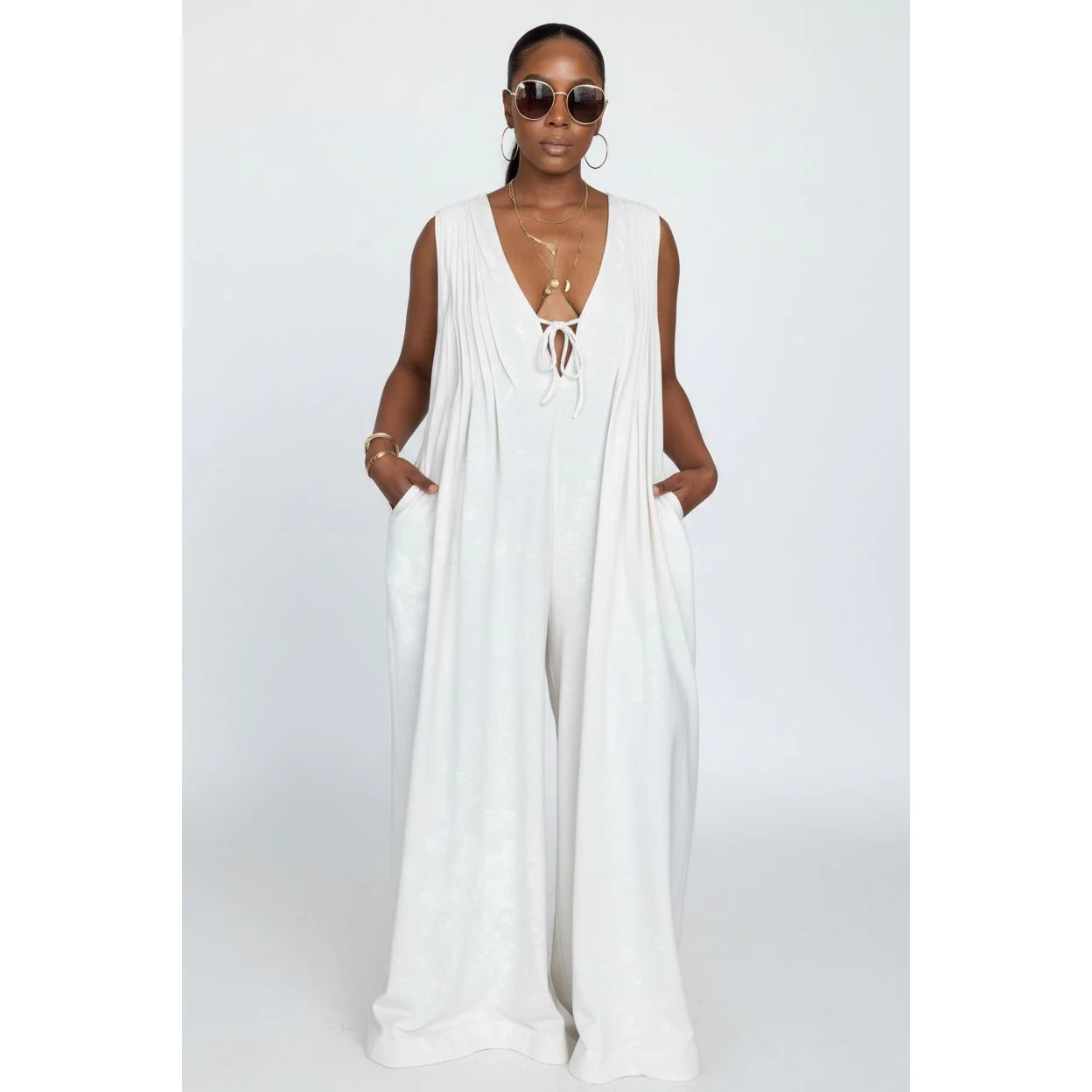 Sleeveless Tie-Front Detail Wide-Leg Jumpsuit - Image 2