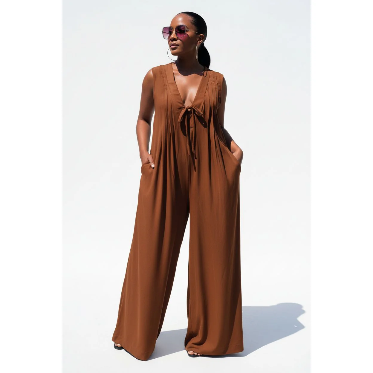 Sleeveless Tie-Front Detail Wide-Leg Jumpsuit - Image 3