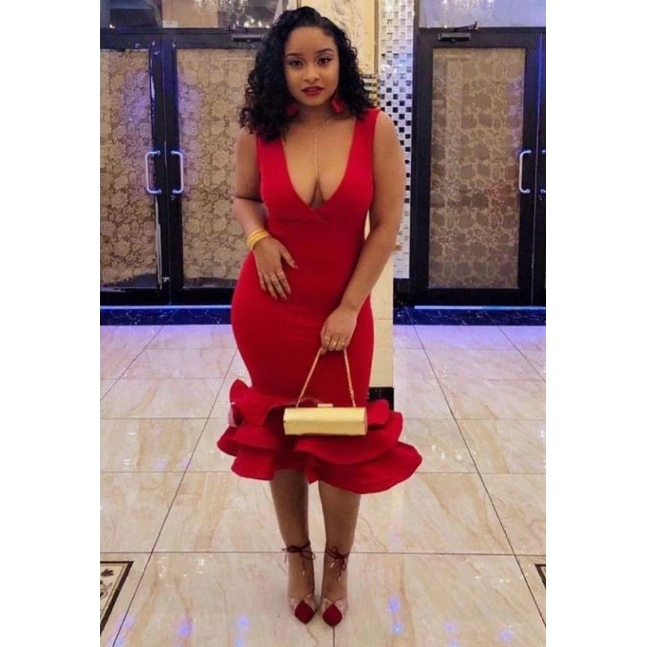 Sleeveless V-Neck Bottom Flare Dress - Image 3