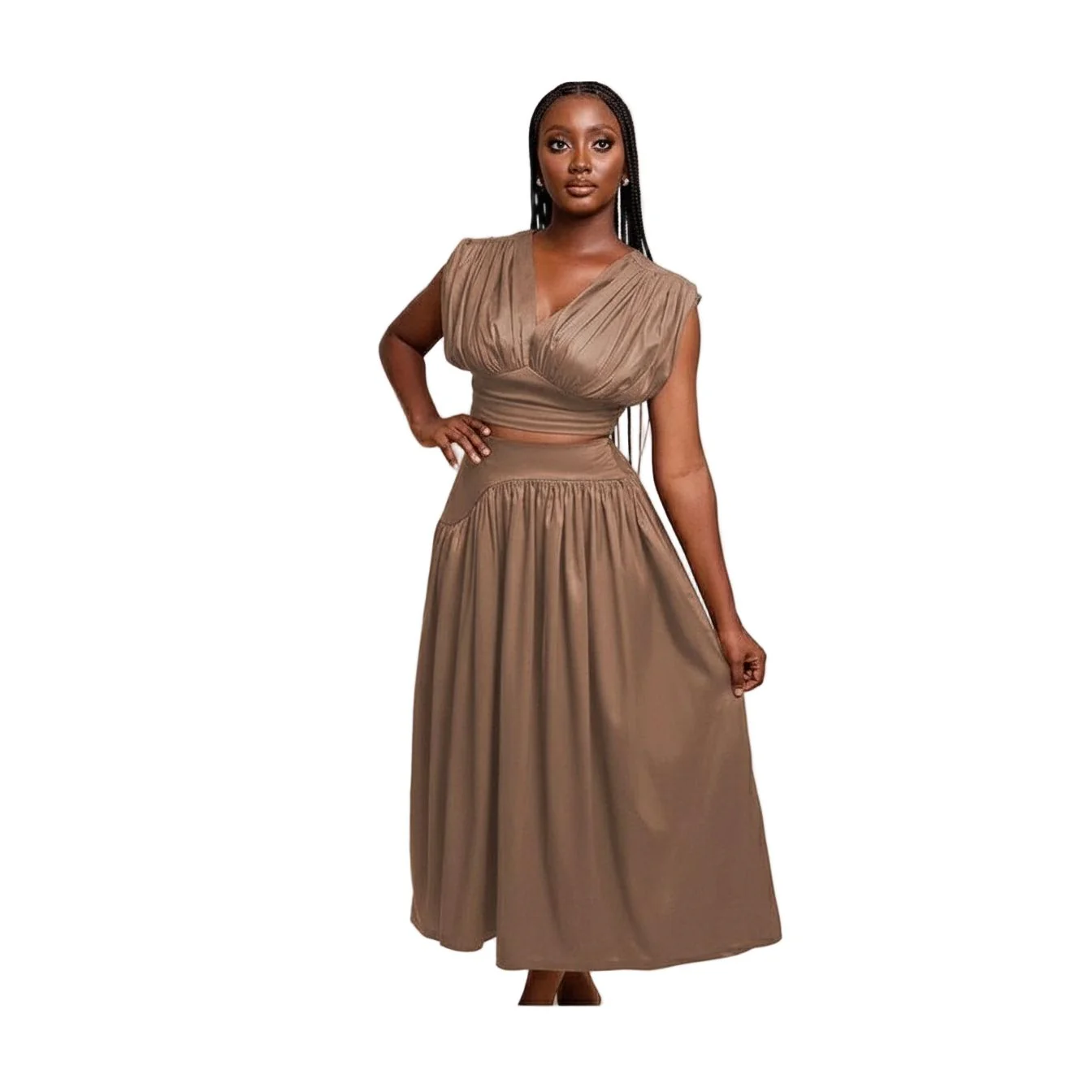 Sleeveless V-Neck Crop Top and High Waisted Skirt Set - Image 3