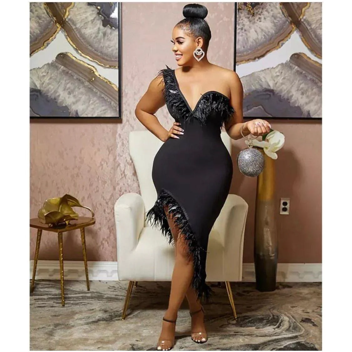 Sleeveless feather sexy Bodycon Dress