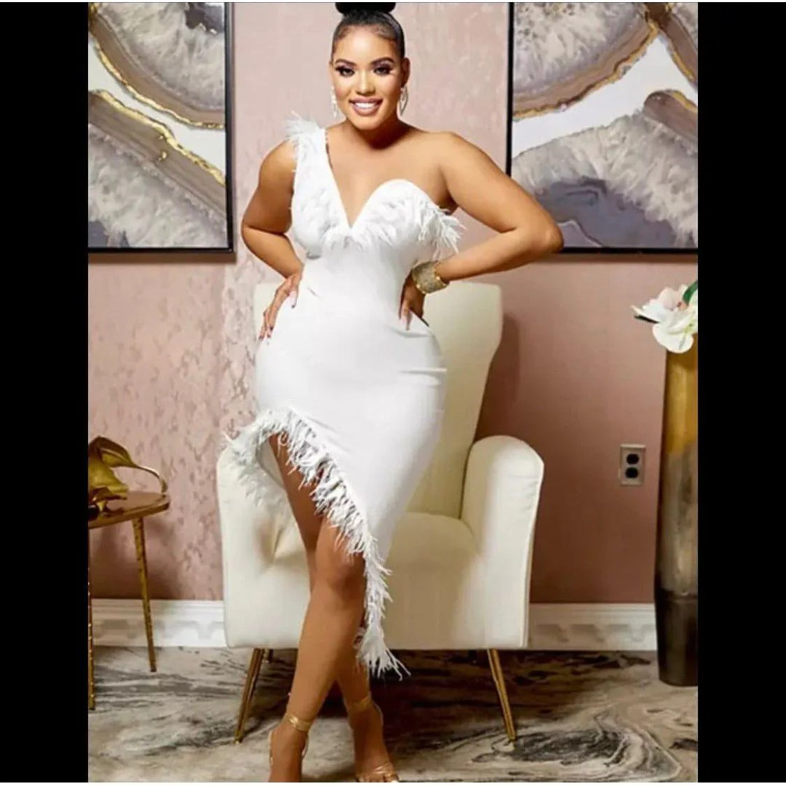 Sleeveless feather sexy Bodycon Dress - Image 3