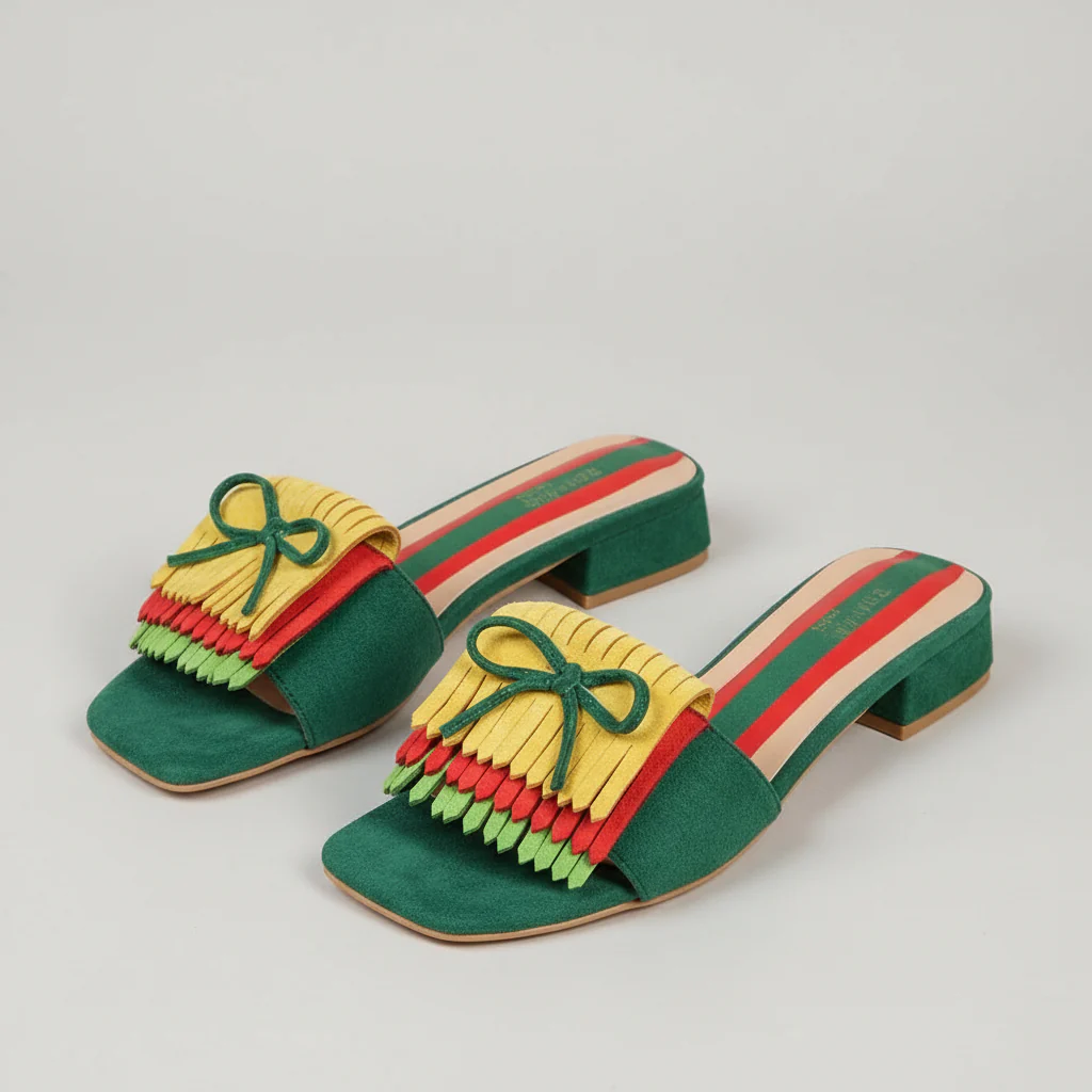 Block Bow & Fringe Decor Flat Sandals - Image 2