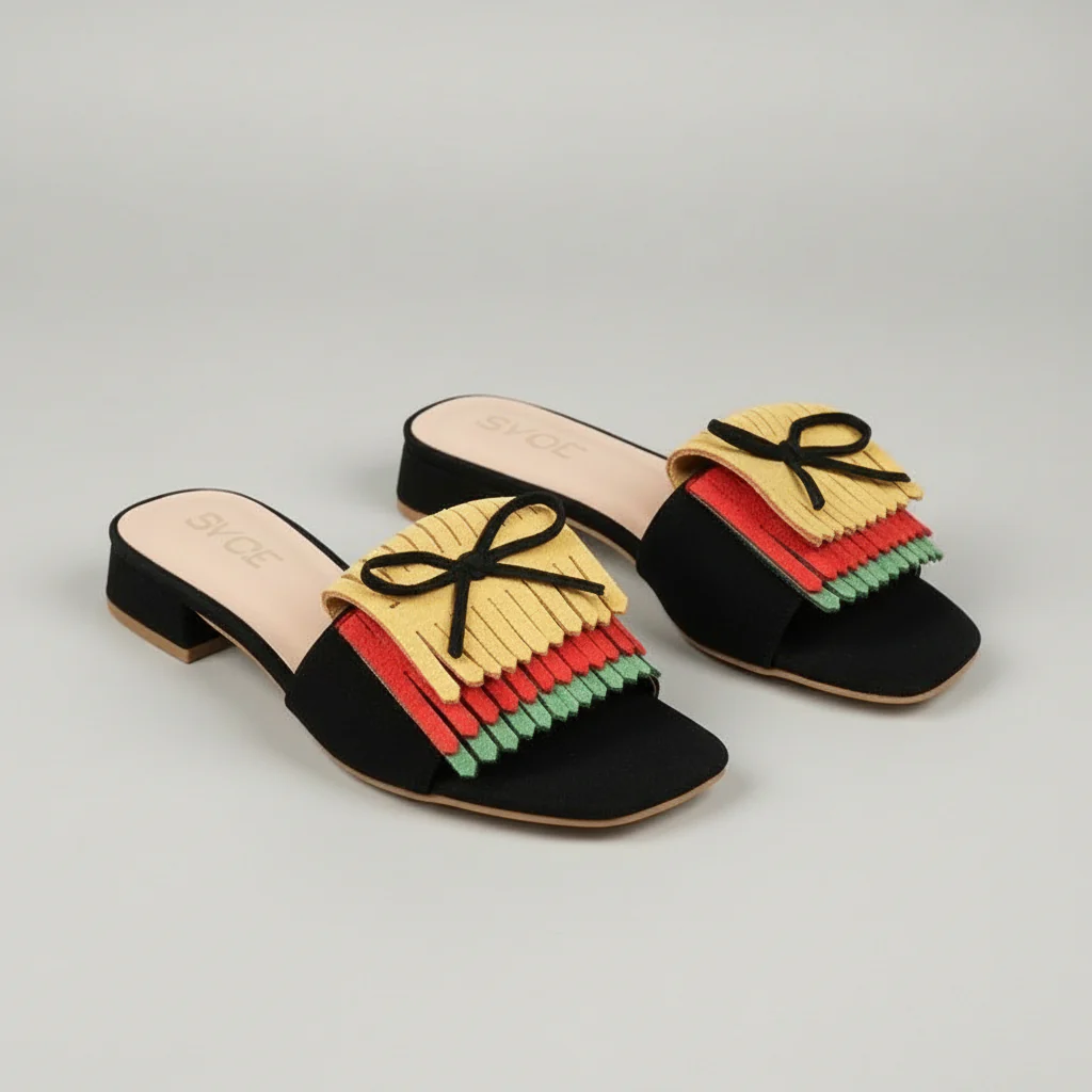 Block Bow & Fringe Decor Flat Sandals - Image 3