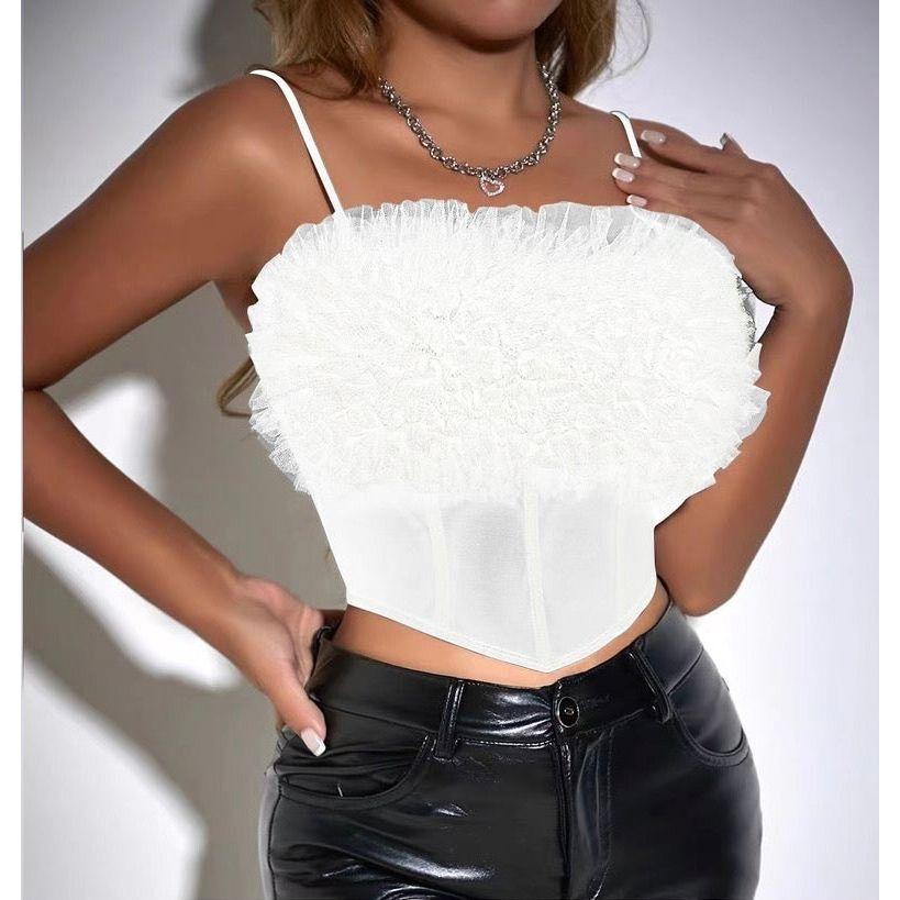 Slim-Fit Cropped Strapless Top With 3D Floral Lace. - Image 7