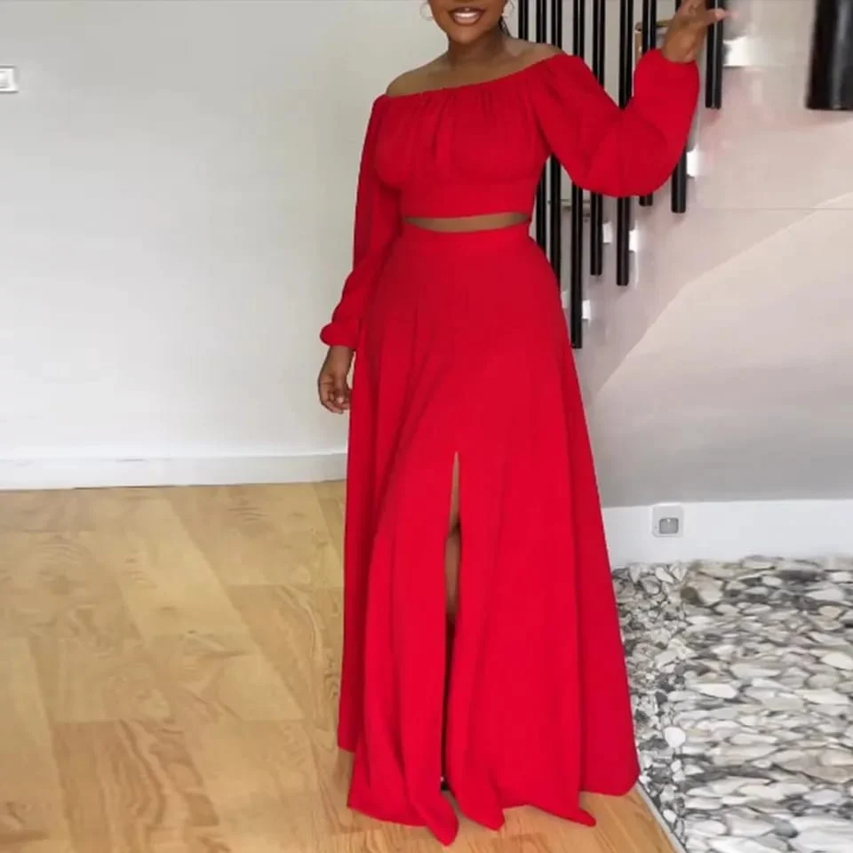Slit Skirt and Long sleeve Crop Top Set - Image 2