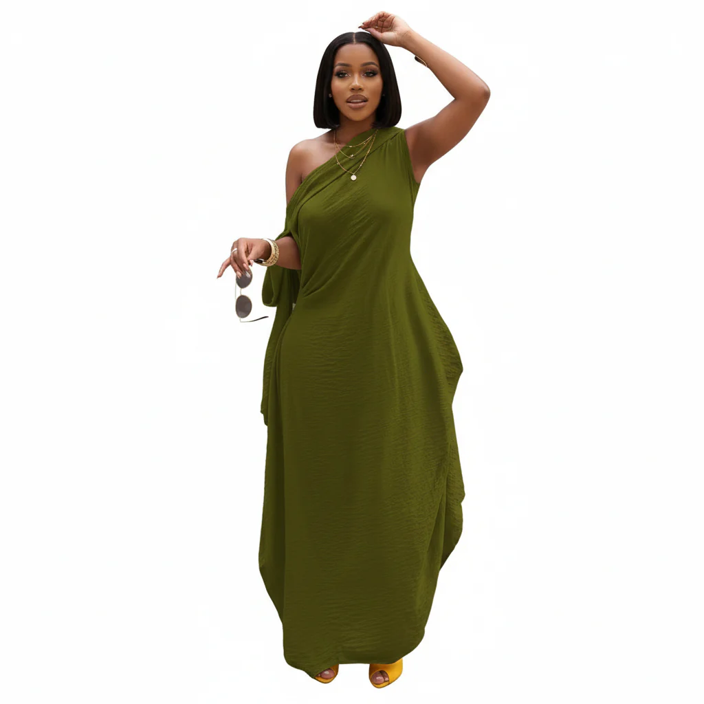 Sloping Collar Chiffon Overlay Party Elegant Asymmetric Sleeve Dress - Image 2