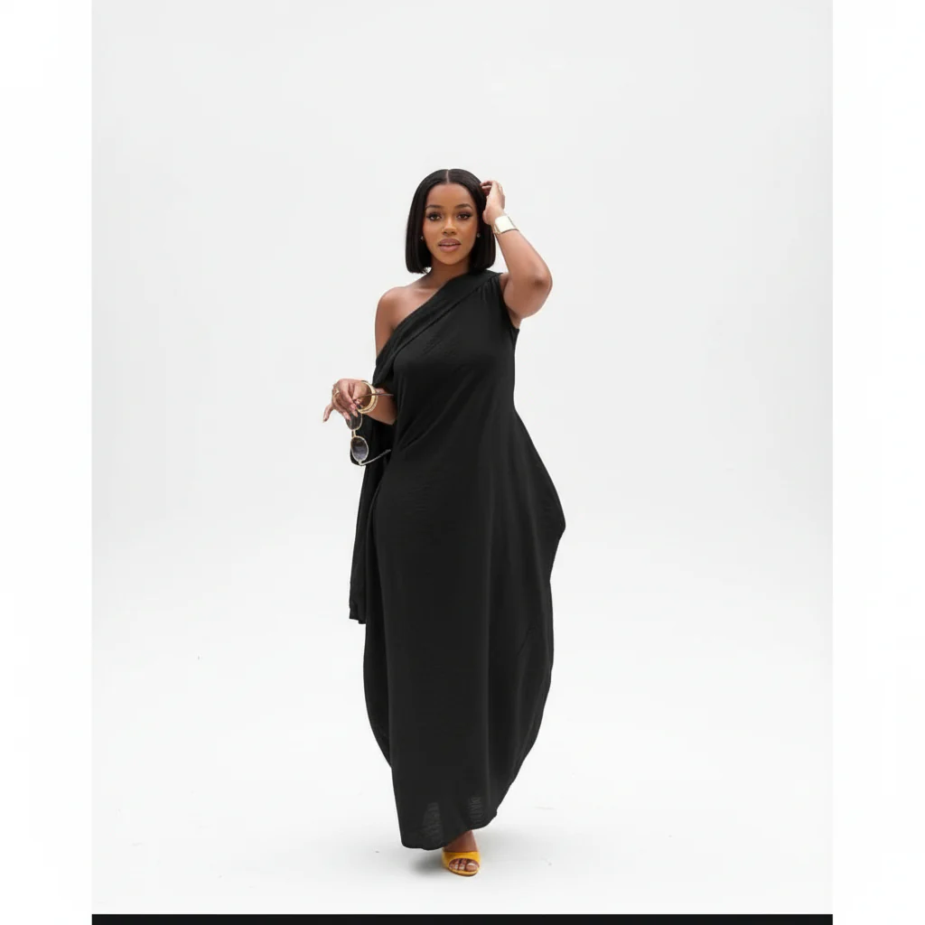 Sloping Collar Chiffon Overlay Party Elegant Asymmetric Sleeve Dress - Image 3