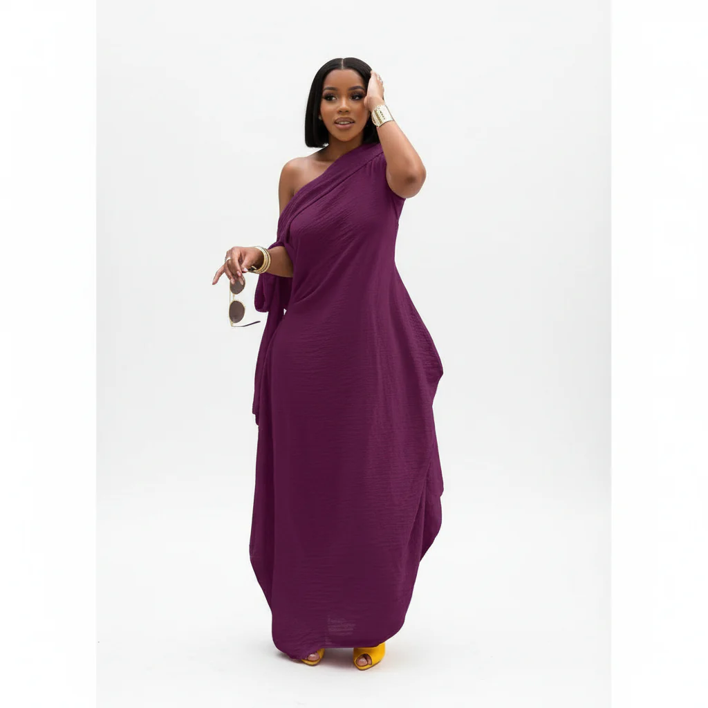Sloping Collar Chiffon Overlay Party Elegant Asymmetric Sleeve Dress - Image 5