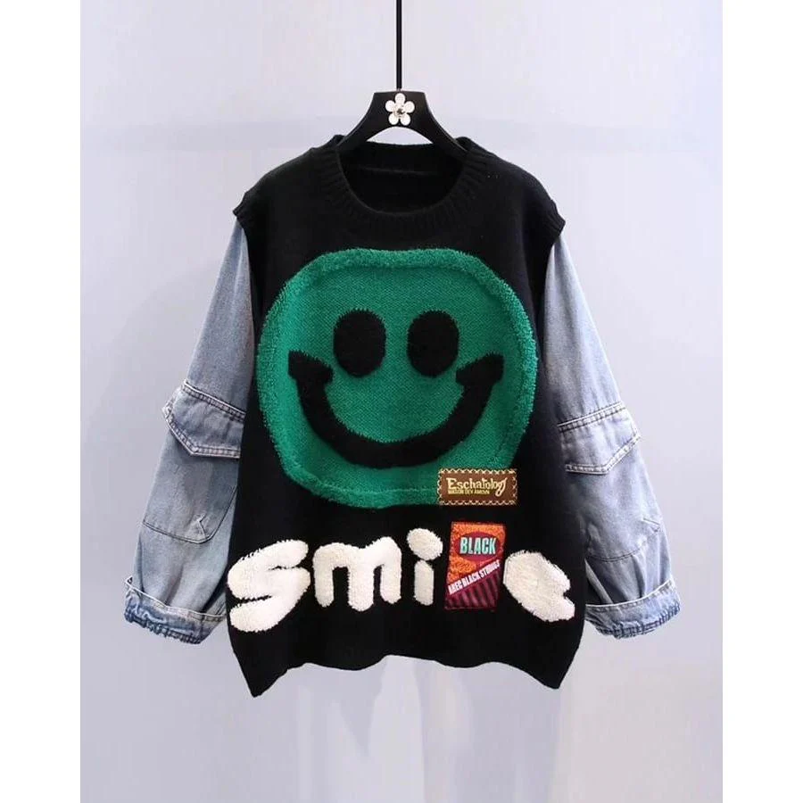 Smiling Face Denim Sleeve Jersey - Image 4